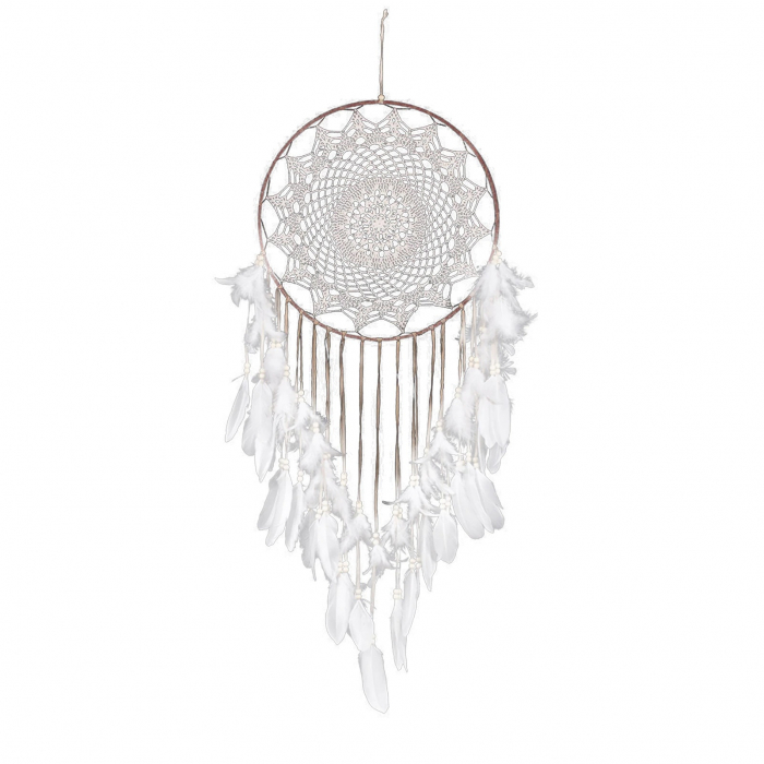 Dream Catcher BOHO Decoratiune perete din Macrame Rotund cu pene albe, Textil, Crem [1]