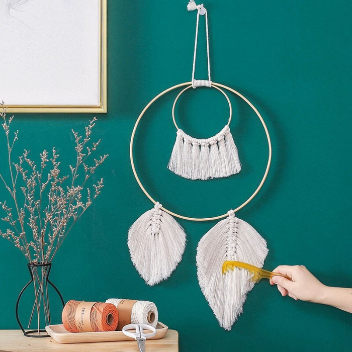 Decoratiune perete Circle night din Macrame 70x30 cm cu suport de lemn , Textil Crem, Boho, dream catcher [4]