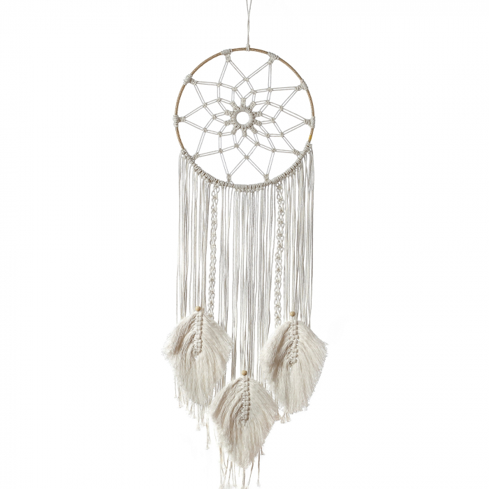 Dream Catcher BOHO Macrame Rotund cu 3 frunze, 93 cm , Crem [1]