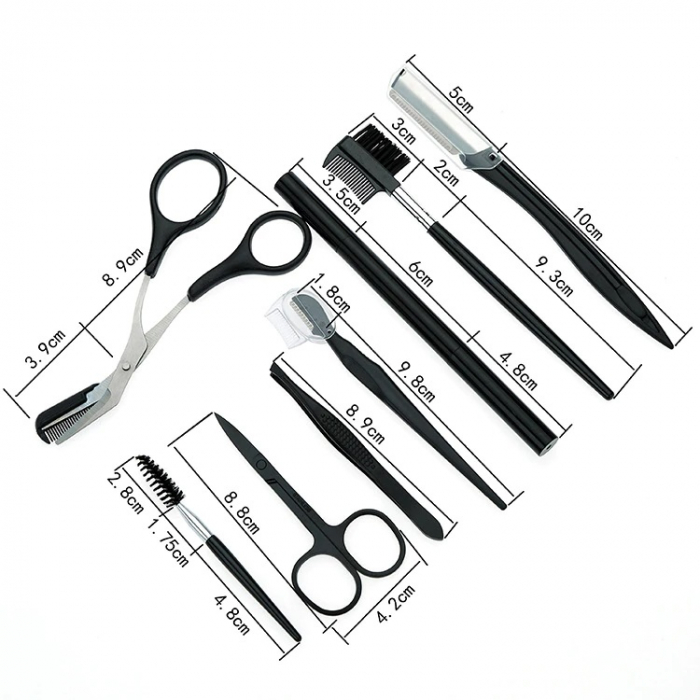 Trusa 8 piese timmer sprancene, stilizare , penseta, multiple forfecute, pieptene, trimmer, cu husa neagra de depozitare, Negru [2]