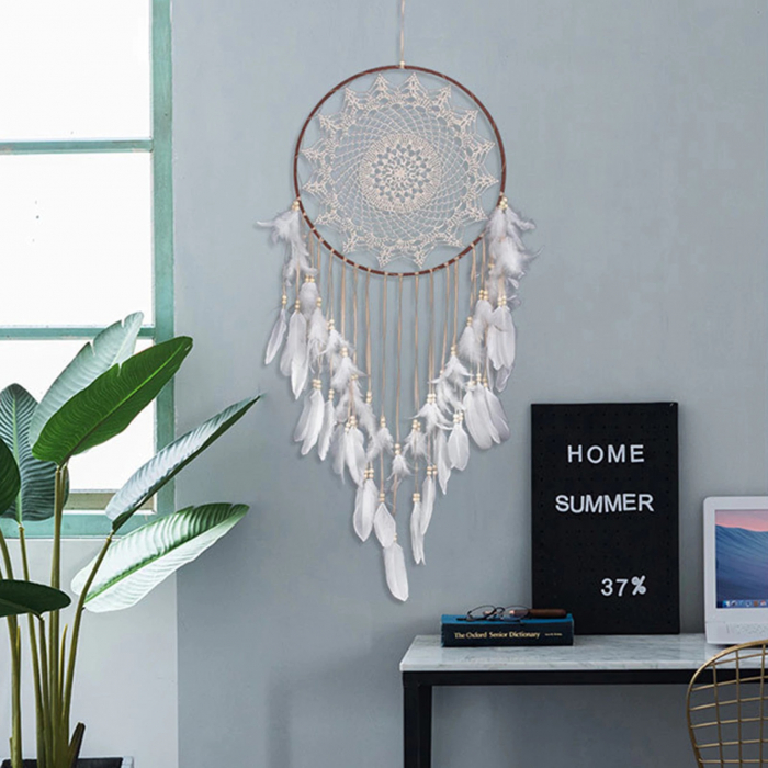Dream Catcher BOHO Decoratiune perete din Macrame Rotund cu pene albe, Textil, Crem [3]