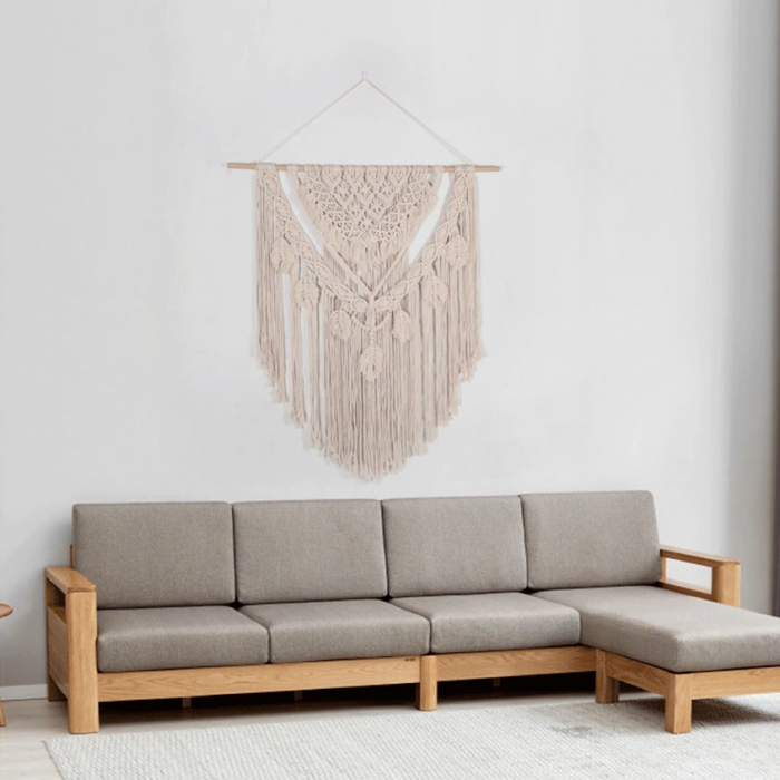 Decoratiune perete Bohemian Chic din Macrame 100x115 cm cu suport de lemn , Textil Crem, Boho, dream catcher [3]