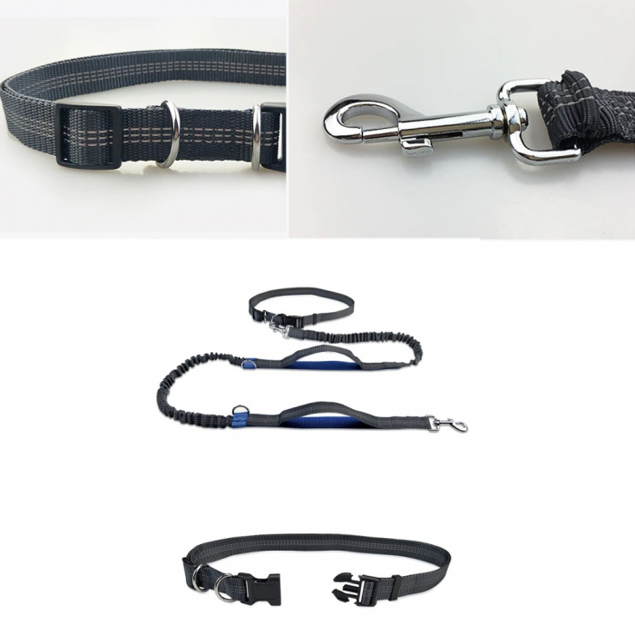 Lesa de brau reglabila, hands free pentru plimbat, alergat, jogging, drumetii cu cainele, Negru Albastru, 1.8 m lungime [2]