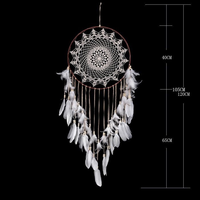 Dream Catcher BOHO Decoratiune perete din Macrame Rotund cu pene albe, Textil, Crem [2]
