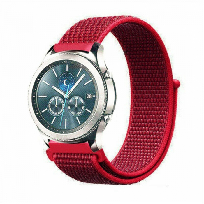 Curea compatibila 20 mm Samsung Galaxy Active 2 Gear S2 Huawei Watch GT2 42mm Amazfit BIP, din material textil cu arici, Rosu, Quick Release [2]