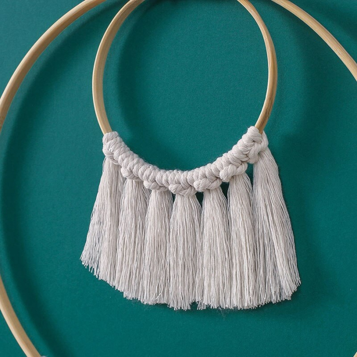 Decoratiune perete Circle night din Macrame 70x30 cm cu suport de lemn , Textil Crem, Boho, dream catcher [5]