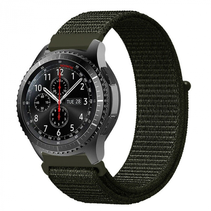 Curea compatibila 22 mm Samsung Gear S3 Huawei watch GT2 46mm Amazfit GTR 47mm, din material textil cu arici, Green Army, Quick Release [2]