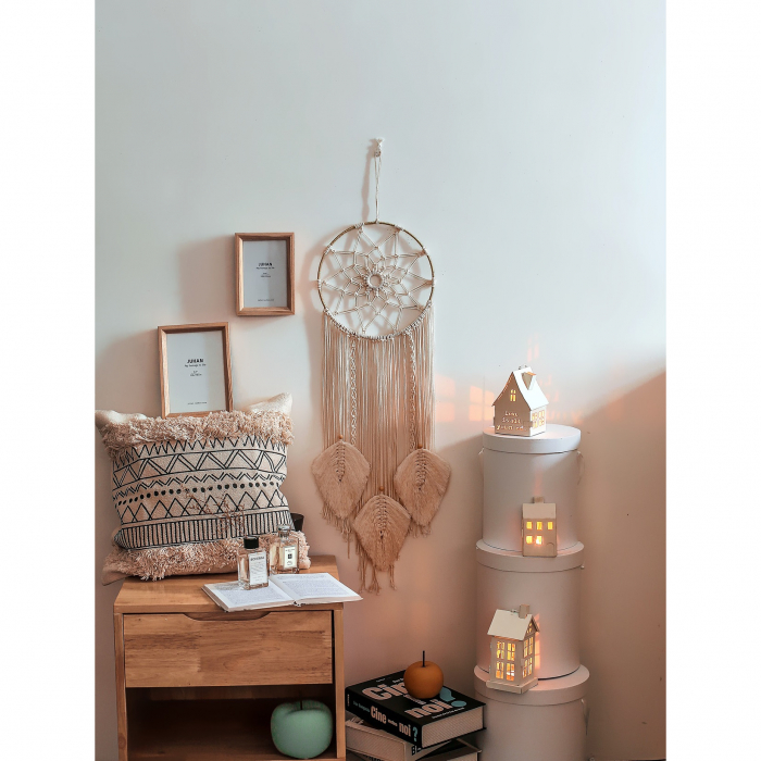 Dream Catcher BOHO Macrame Rotund cu 3 frunze, 93 cm , Crem [4]