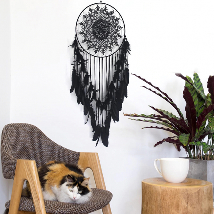 Dream Catcher BOHO Decoratiune perete din Macrame Rotund cu pene negre, Textil, Negru [4]