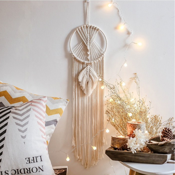 Dream Catcher BOHO Macrame Rotund cu frunza, 95 cm , Crem [5]
