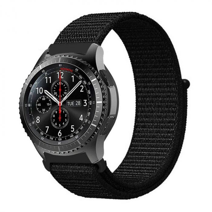 Curea compatibila 20 mm Samsung Galaxy Active 2 Gear S2 Huawei Watch GT2 42mm Amazfit BIP, din material textil cu arici, Negru, Quick Release [2]