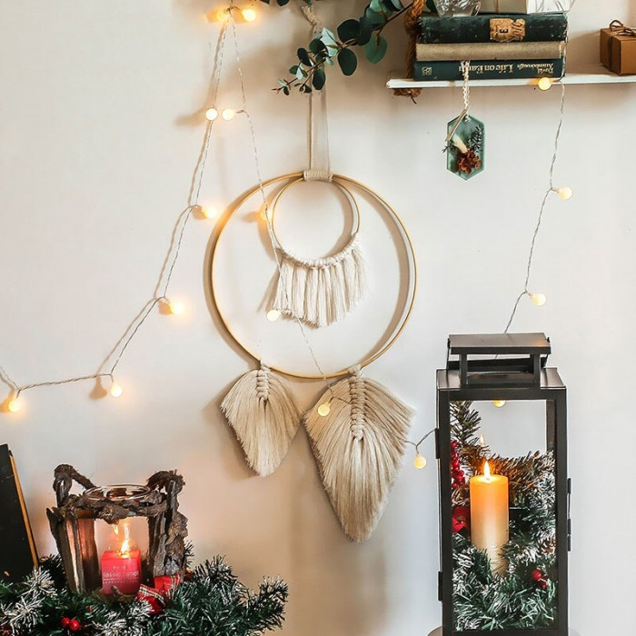 Decoratiune perete Circle night din Macrame 70x30 cm cu suport de lemn , Textil Crem, Boho, dream catcher [7]