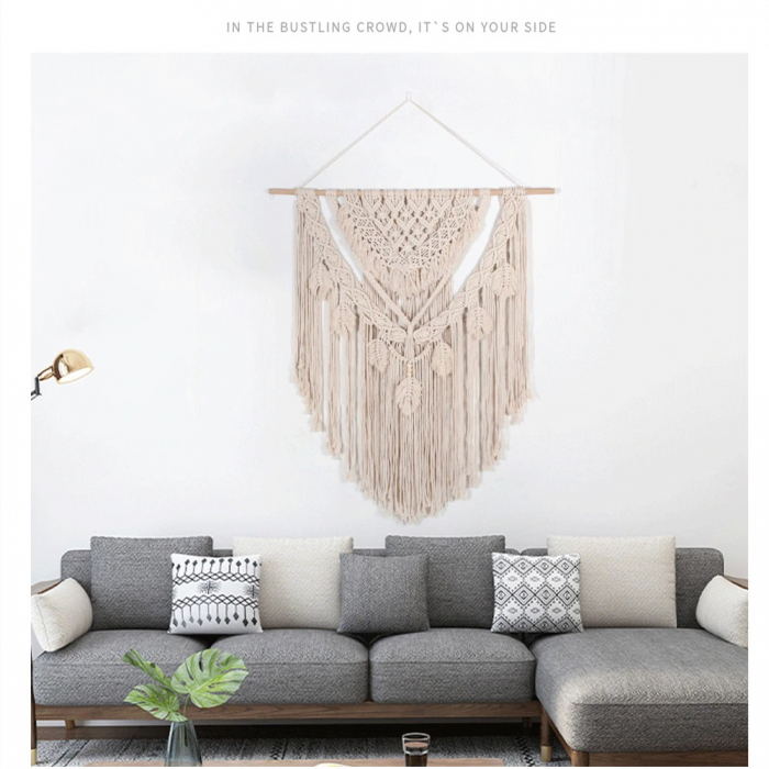 Decoratiune perete Bohemian Chic din Macrame 100x115 cm cu suport de lemn , Textil Crem, Boho, dream catcher [5]