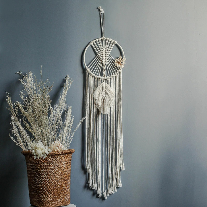 Dream Catcher BOHO Macrame Rotund cu frunza, 95 cm , Crem [3]