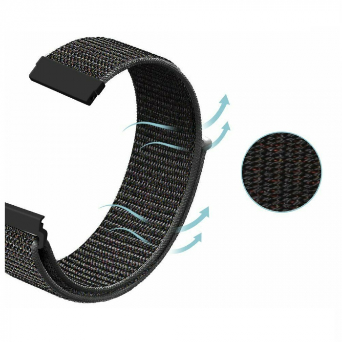 Curea compatibila 20 mm Samsung Galaxy Active 2 Gear S2 Huawei Watch GT2 42mm Amazfit BIP, din material textil cu arici, Negru, Quick Release [5]