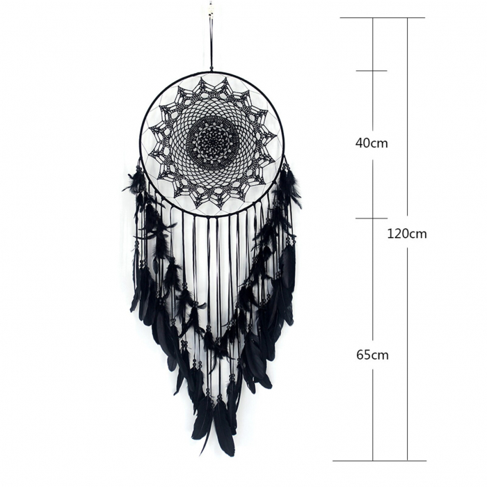 Dream Catcher BOHO Decoratiune perete din Macrame Rotund cu pene negre, Textil, Negru [2]