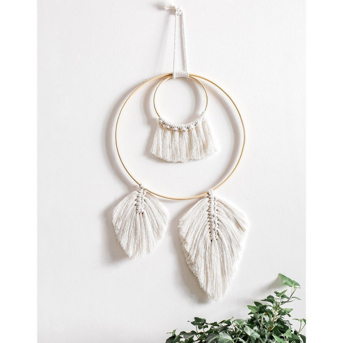 Decoratiune perete Circle night din Macrame 70x30 cm cu suport de lemn , Textil Crem, Boho, dream catcher [3]