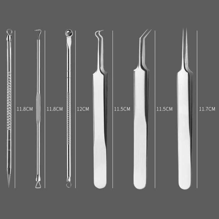 Trusa pentru extractia punctelor negre si a cosurilor, 6 piese, inox , husa din piele ecologica, Neagra [6]