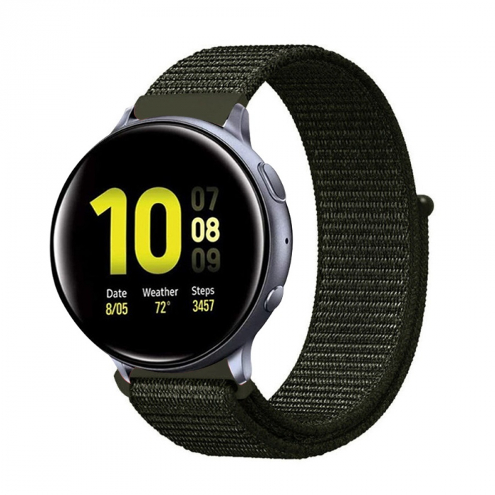 Curea compatibila 20 mm Samsung Galaxy Active 2 Gear S2 Huawei Watch GT2 42mm Amazfit BIP, din material textil cu arici, Green army, Quick Release [2]