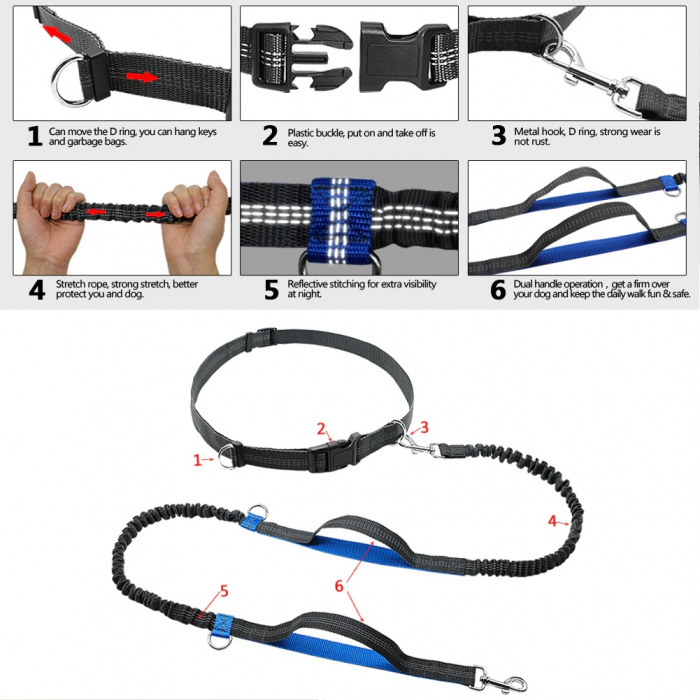 Lesa de brau reglabila, hands free pentru plimbat, alergat, jogging, drumetii cu cainele, Negru Albastru, 1.8 m lungime [5]