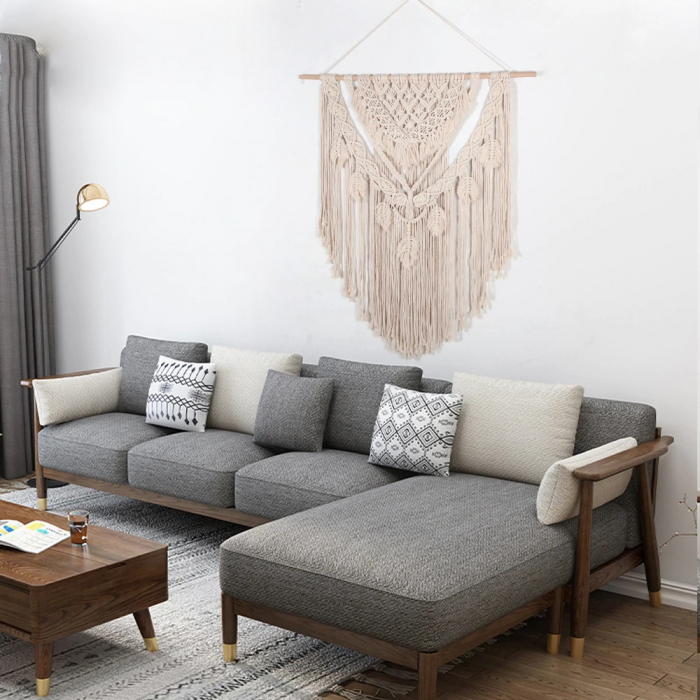 Decoratiune perete Bohemian Chic din Macrame 100x115 cm cu suport de lemn , Textil Crem, Boho, dream catcher [6]