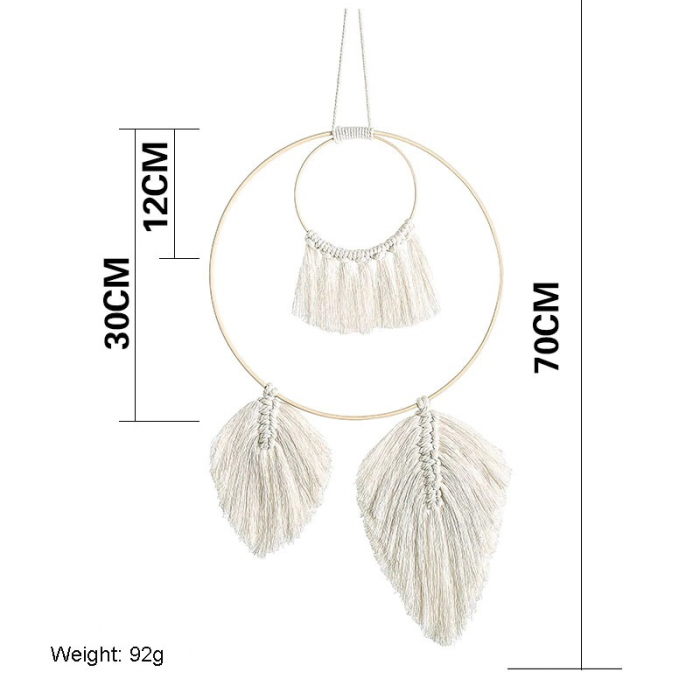 Decoratiune perete Circle night din Macrame 70x30 cm cu suport de lemn , Textil Crem, Boho, dream catcher [2]