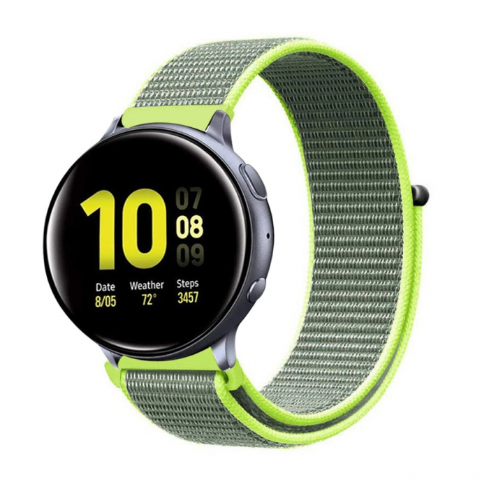 Curea compatibila 20 mm Samsung Galaxy Active 2 Gear S2 Huawei Watch GT2 42mm Amazfit BIP, din material textil cu arici, Verde Neon, Quick Release [2]