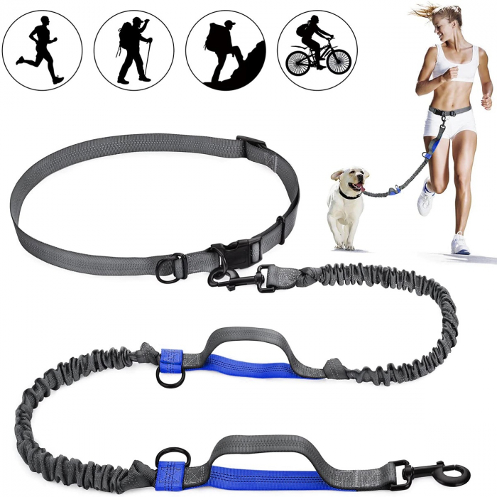 Lesa de brau reglabila, hands free pentru plimbat, alergat, jogging, drumetii cu cainele, Negru Albastru, 1.8 m lungime [4]