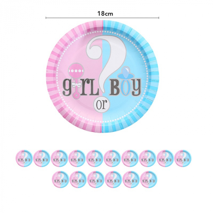 Set 16 farfurii din carton model Boy or Girl 18 cm pentru petrecerea de gender reveal. [1]