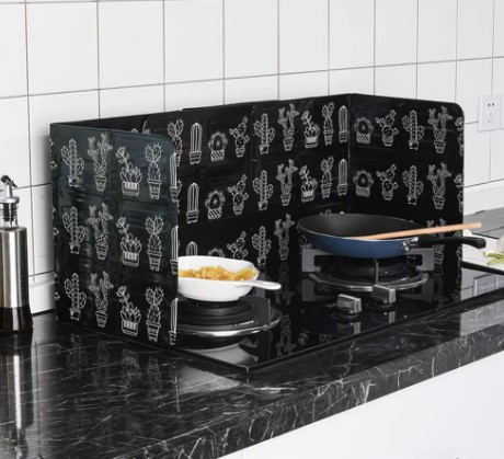 Set 2 Paravane Pliabile din Aluminiu, Negru cu Imprimeu, pentru aragaz, portabil, anti-stropi, protectie ampla, 84 x 32,5 cm [6]