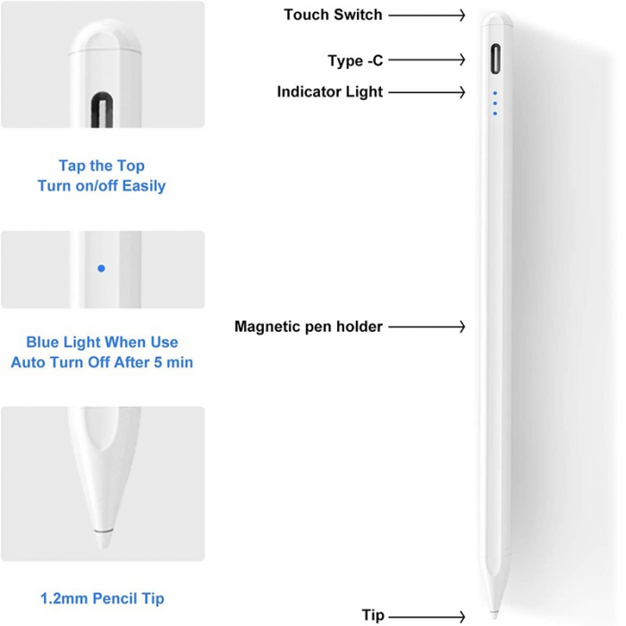 Stylus Pen touch PHN Mag, cu 2 penite, pix compatibil cu Sistemul Android, Touch control, Magnetic, USB-C, Penite anti-zgarietura, Alb [6]