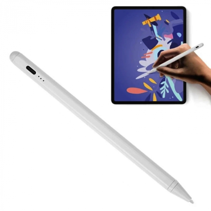 Stylus Pen touch PHN Mag, cu 2 penite, pix compatibil cu Sistemul Android, Touch control, Magnetic, USB-C, Penite anti-zgarietura, Alb [2]
