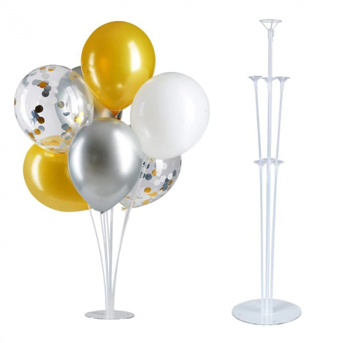 Suport de 7 baloane, Ornament masa de botez, 70cm, Baloane Confeti,  Roz Metalizat [1]