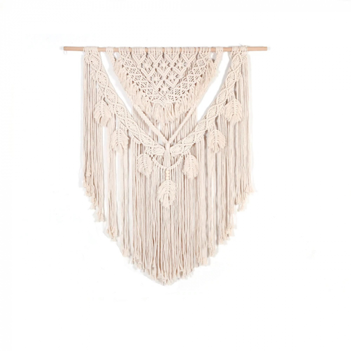 Decoratiune perete Bohemian Chic din Macrame 100x115 cm cu suport de lemn , Textil Crem, Boho, dream catcher [1]