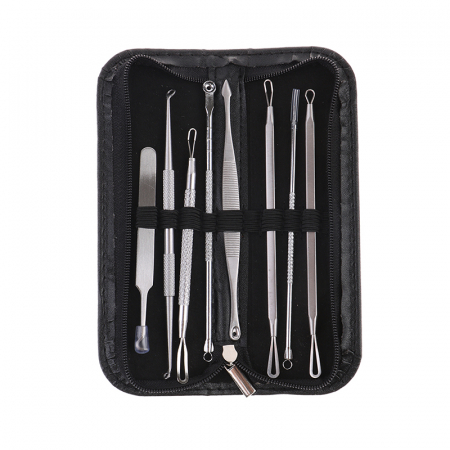 Beauty - Trusa pentru extractia punctelor negre si a cosurilor, 8 piese, inox, husa din piele ecologica