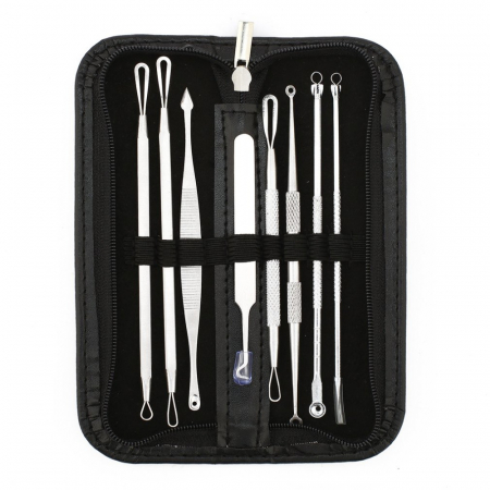 Trusa pentru extractia punctelor negre si a cosurilor, 8 piese, inox, husa din piele ecologica [2]