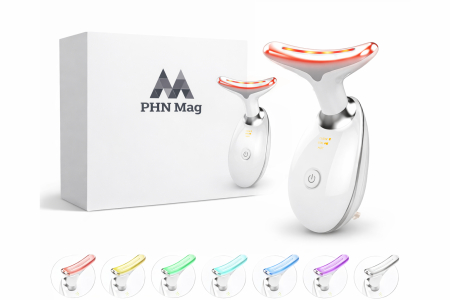 Beauty - Aparat Lifting Facial și Gât PHN Mag™, EMS + LED 7 Culori, Masaj Anti-Rid, Încălzire 45°C, Reducere Riduri, Îmbunătățire Elasticitate Piele, Alb