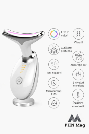 Aparat Lifting Facial și Gât PHN Mag™, EMS + LED 7 Culori, Masaj Anti-Rid, Încălzire 45°C, Reducere Riduri, Îmbunătățire Elasticitate Piele, Alb [2]