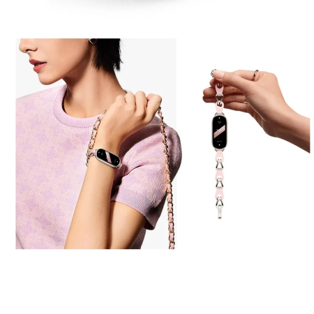 Bratara din metal cu piele, compatibil Xiaomi Mi Band 8 / Mi Band 9 / Mi Band 10, Roz si Argintiu [3]