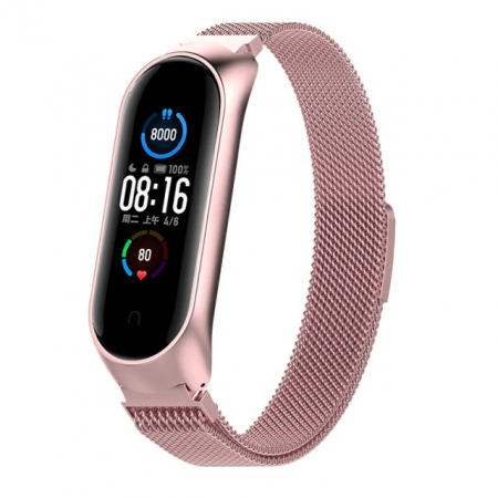 Accesorii bratari fitness - Bratara din otel inoxidabil, compatibil Xiaomi Mi Band 5 / 6, Inchidere magnetica, Roz