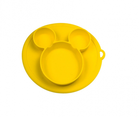 Farfurii silicon - Farfurie silicon pentru bebelusi, Mickey, Galben pal, Antiderapanta +6 luni