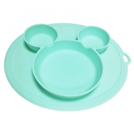 Articole Copii - Farfurie silicon pentru bebelusi, Mickey, Verde pal, Antiderapanta +6 luni