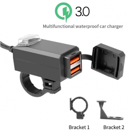 Incarcator cu 2 Porturi USB pentru Moto/Scuter/ATV, Rezistent la Apa si Praf, suport de prindere inclus, Negru. [1]