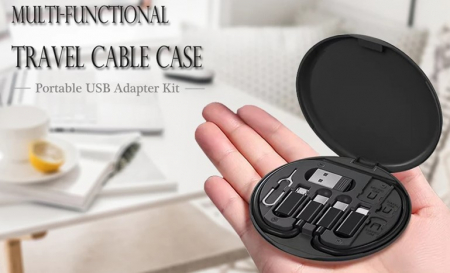Kit calatorie, stocare multifunctionala pentru cabluri, cu sloturi de depozitare pentru cartele, suport telefon, pin de ejectie si cablu USB C cu 3 adaptoare USB, Negru [6]