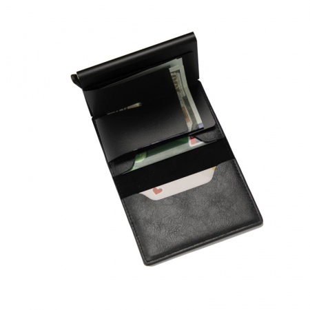 Portofel securizat RFID pentru carduri, cu glisare rapida, piele ecologica, Compartiment 7 carduri si bancnote , Negru, Port card [1]