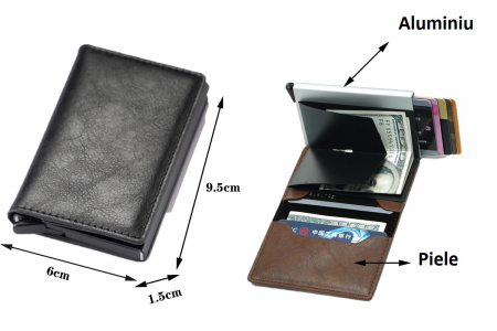 Portofel securizat RFID pentru carduri, cu glisare rapida, piele ecologica, Compartiment 7 carduri si bancnote , Negru, Port card [5]