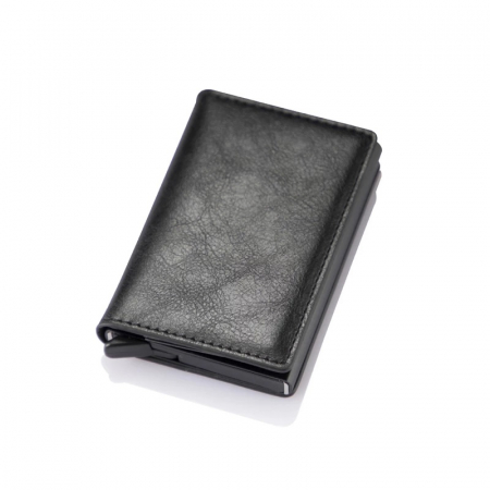 Moto - Portofel securizat RFID pentru carduri, cu glisare rapida, piele ecologica, Compartiment 7 carduri si bancnote , Negru, Port card