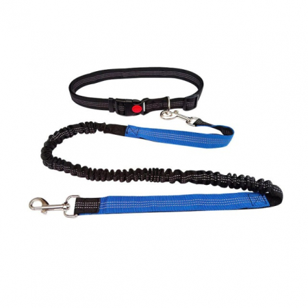Pet shop - Lesa de brau reglabila, hands free pentru plimbat, alergat, jogging, drumetii cu cainele, Negru Albastru, 1.8 m lungime