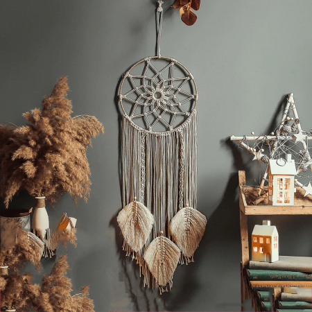Dream Catcher BOHO Macrame Rotund cu 3 frunze, 93 cm , Crem [1]
