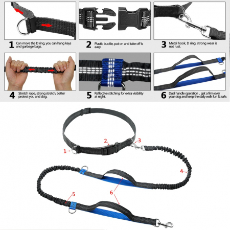 Lesa de brau reglabila, hands free pentru plimbat, alergat, jogging, drumetii cu cainele, Negru Albastru, 1.8 m lungime [4]